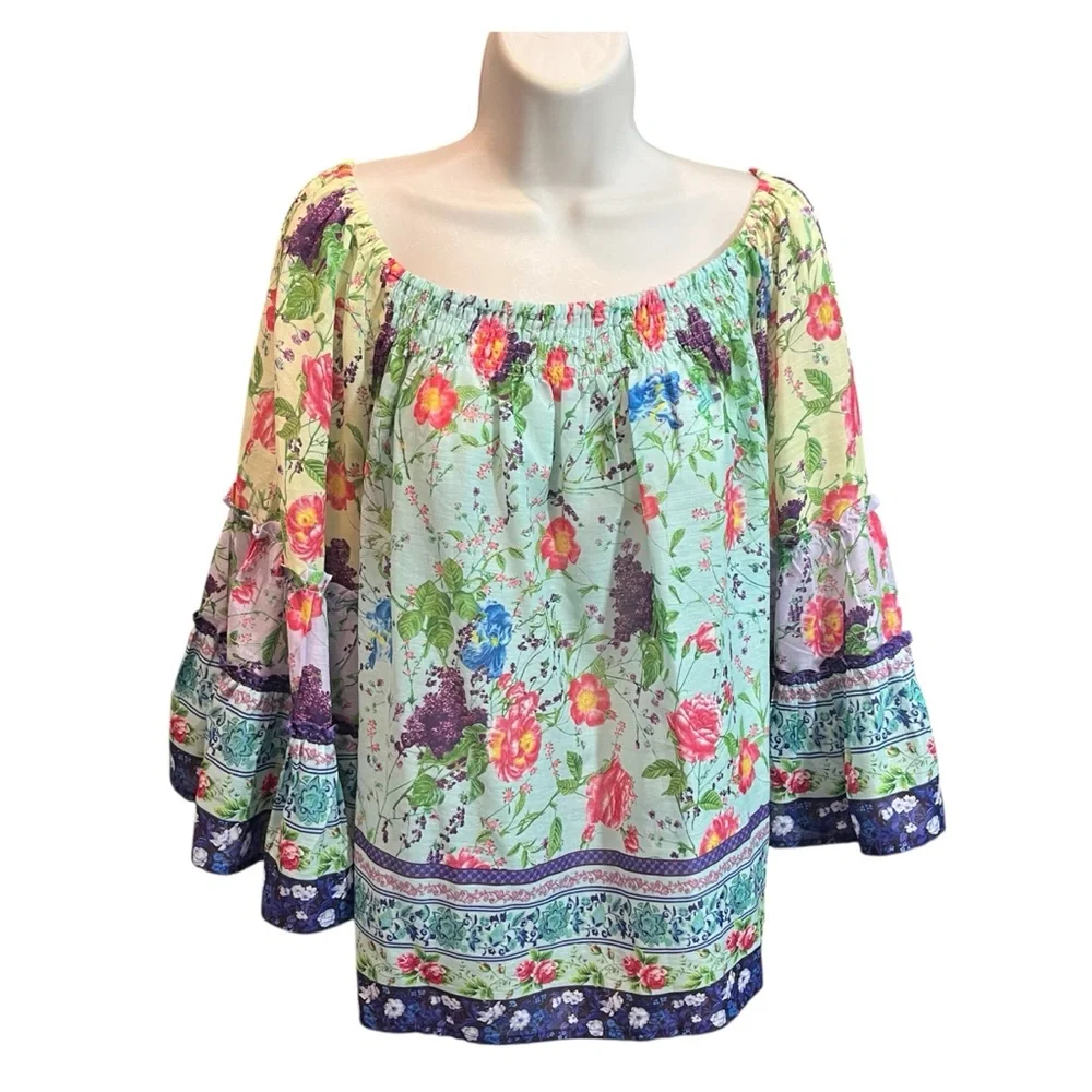 Ruby Yaya Floral Boho Off Shoulder Peasant Blouse Size M Festival Gypsy Top